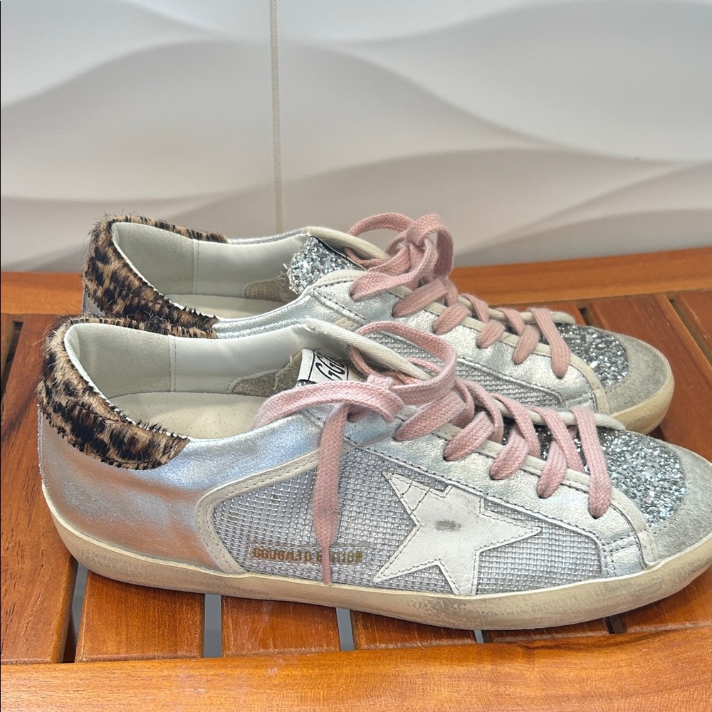 Golden Goose Silver and Pink Sneakers with Animal Print